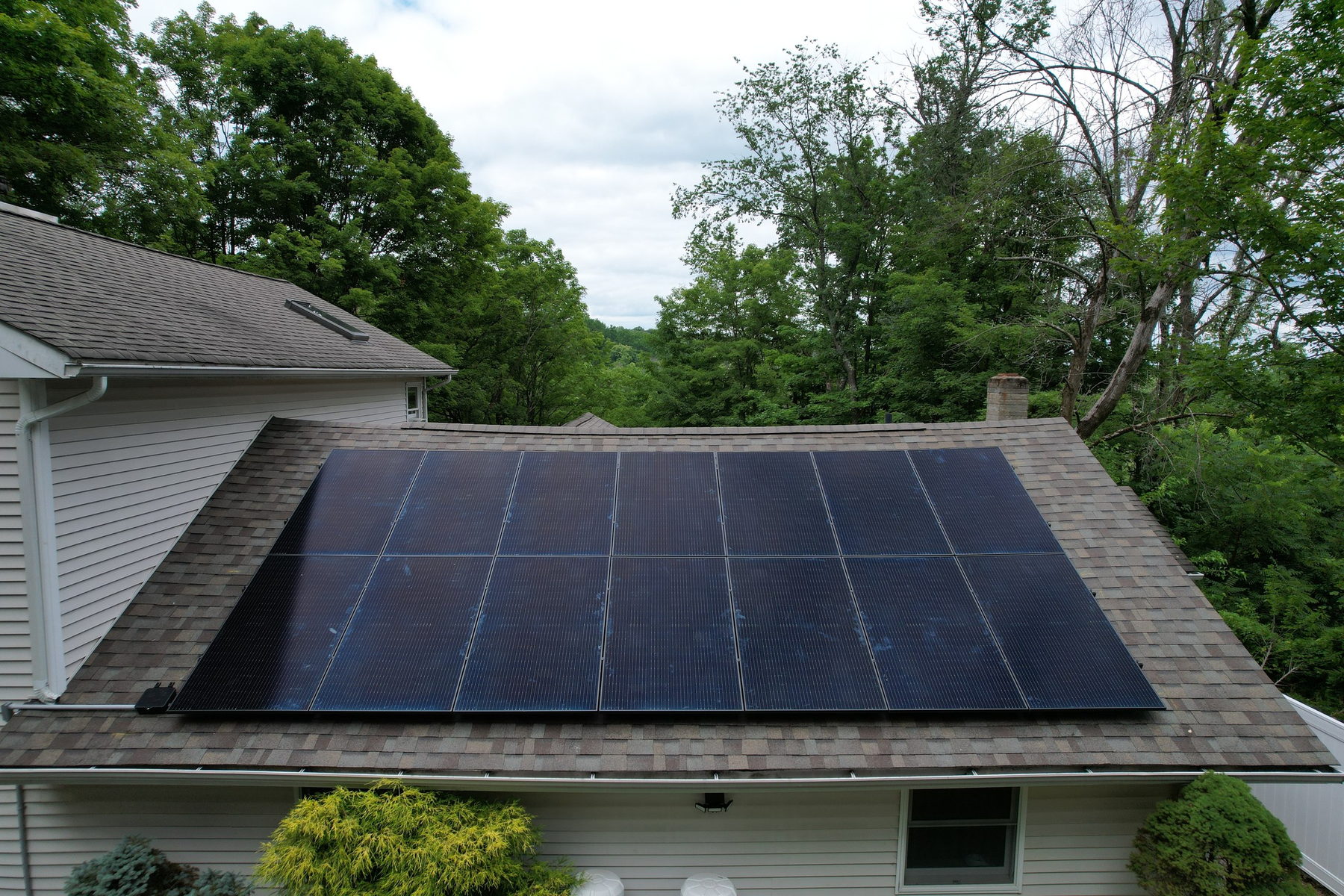 Rooftop solar array on a shingle roof surrounded by summer trees