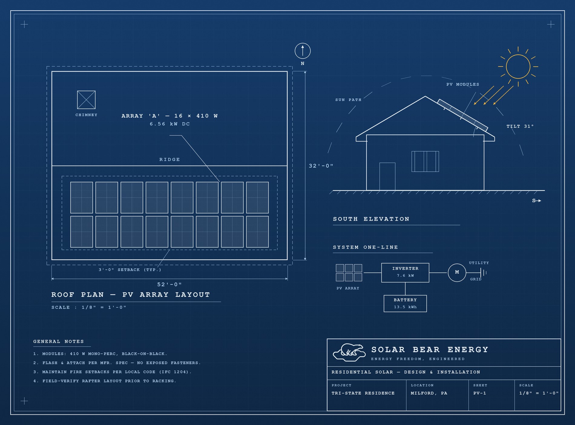Single-line drawing and site plan prepared for a residential solar and battery interconnection application in Pike County, PA